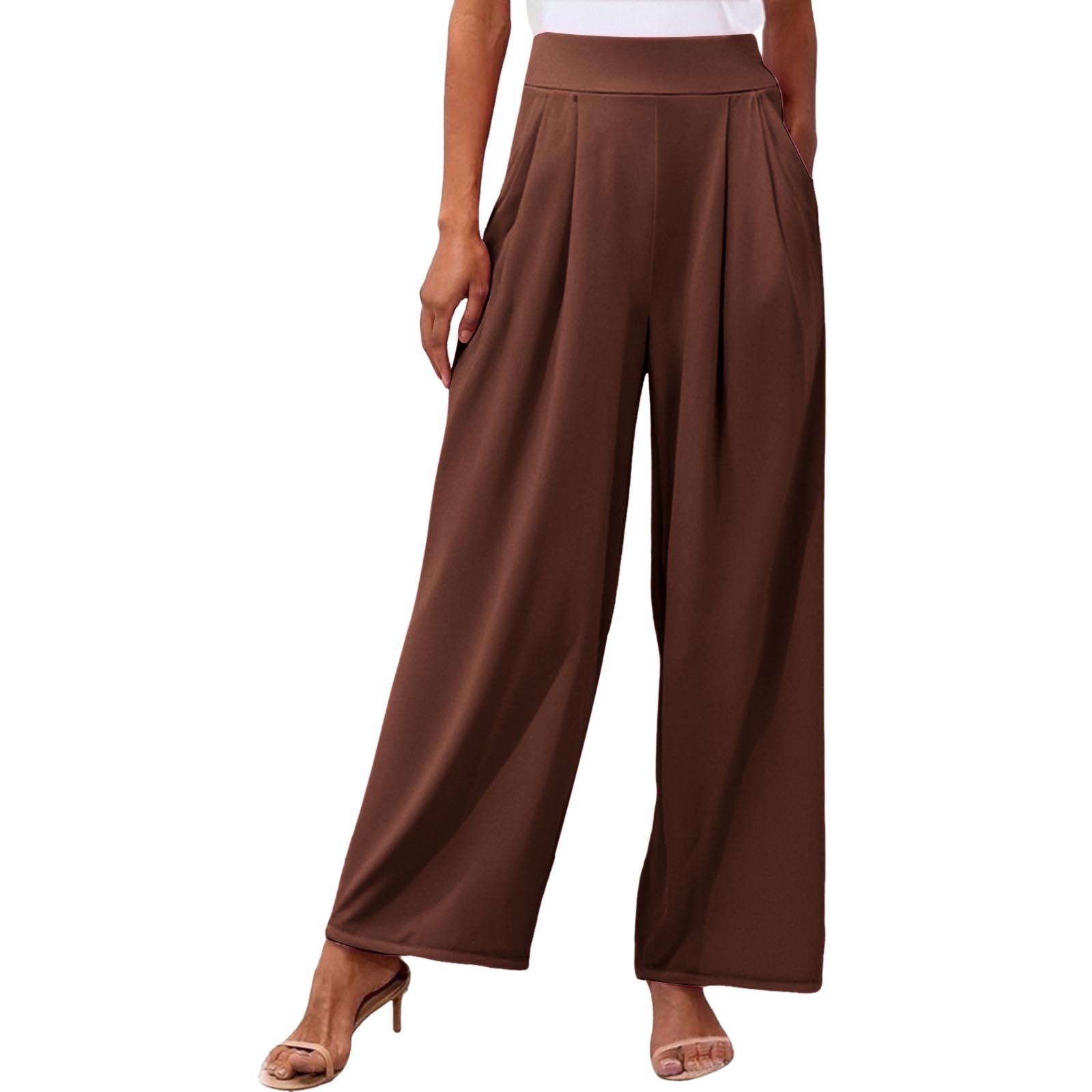 thumbnail image 1 of Pantalones palazzo anchos de color liso para mujer: cintura alta con cinturilla elástica, poliéster y spandex, pantalones largos informales con bolsillos laterales., 1 of 5